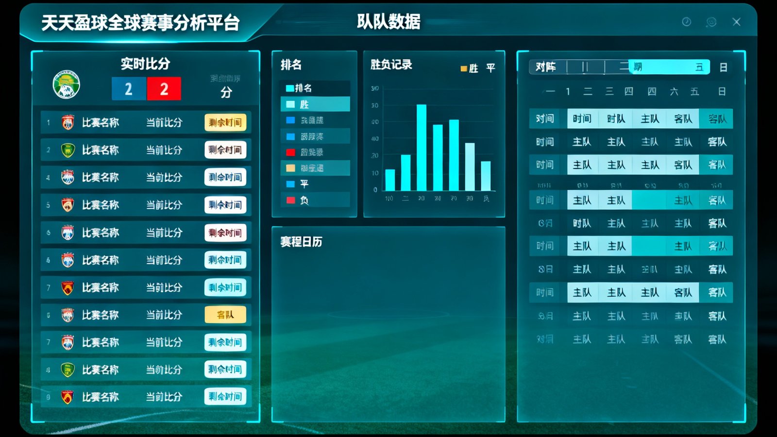 天天盈球全球赛事分析平台展示实时比分、球队数据和赛程日历的仪表盘界面